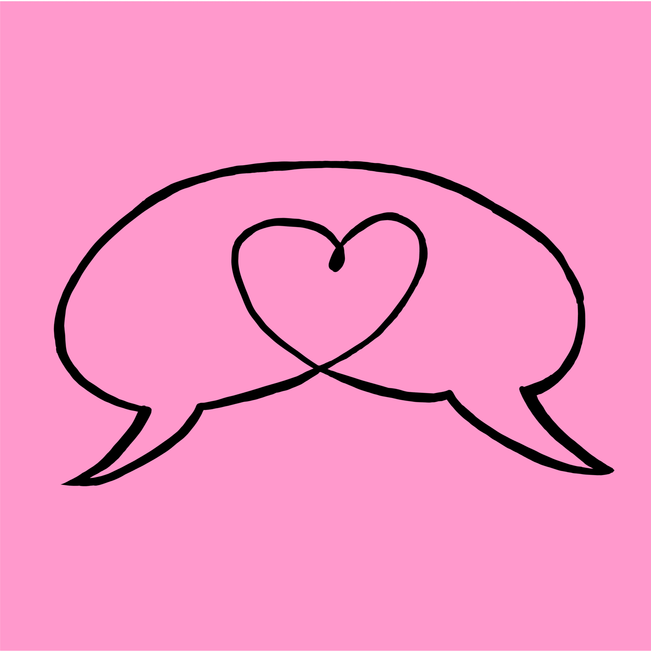 A pink background with two speech bubbles and a heart.