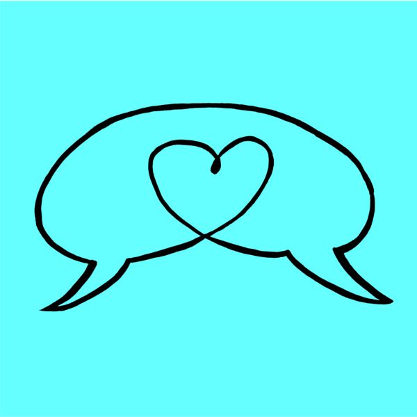 A drawing of two speech bubbles with a heart inside